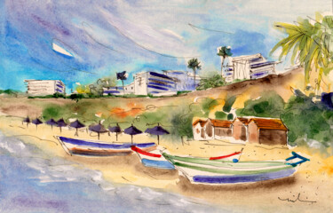 Malerei mit dem Titel "Nerja Beach 04" von Miki De Goodaboom, Original-Kunstwerk, Aquarell