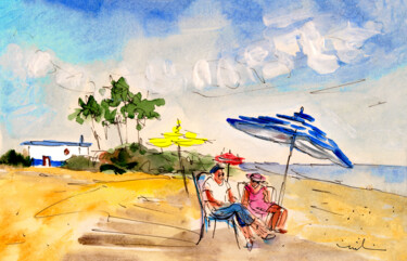 Malerei mit dem Titel "Los Llanos Beach" von Miki De Goodaboom, Original-Kunstwerk, Aquarell