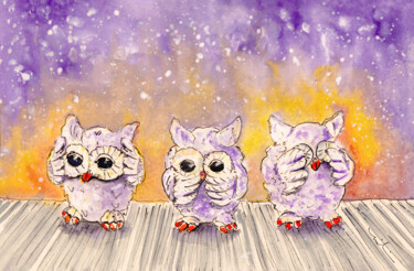 Картина под названием "The Three Wise Owls…" - Miki De Goodaboom, Подлинное произведение искусства, Акварель