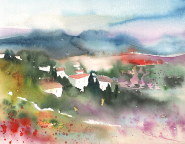 Painting titled "Tuscany Landscape 01" by Miki De Goodaboom, Original Artwork, Watercolor