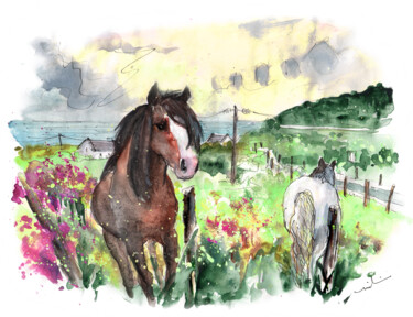 Painting titled "Horses On Llyn Peni…" by Miki De Goodaboom, Original Artwork, Watercolor