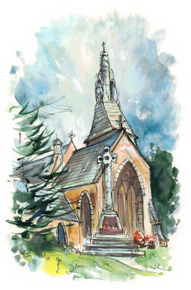 Schilderij getiteld "Church In Great Ayt…" door Miki De Goodaboom, Origineel Kunstwerk, Aquarel