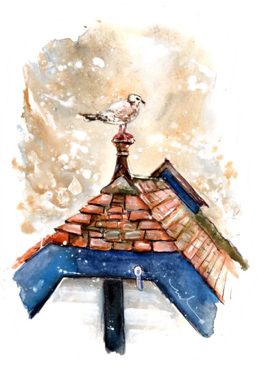 Painting titled "Seagull In Runswick…" by Miki De Goodaboom, Original Artwork, Watercolor