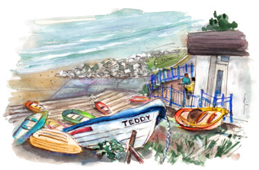 Malerei mit dem Titel "Teddy Boat In Runsw…" von Miki De Goodaboom, Original-Kunstwerk, Aquarell