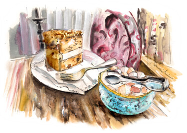 Painting titled "Walnut Cake In Whit…" by Miki De Goodaboom, Original Artwork, Watercolor