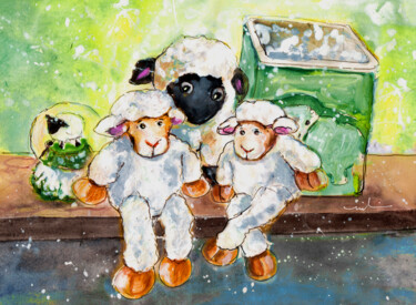 Malarstwo zatytułowany „Cute Sheep In Reeth” autorstwa Miki De Goodaboom, Oryginalna praca, Akwarela