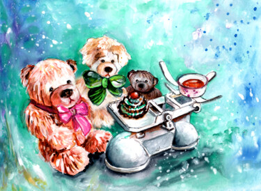 Painting titled "Three Teddy Bears A…" by Miki De Goodaboom, Original Artwork, Watercolor