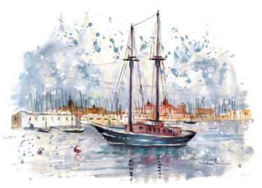 Painting titled "Boat In Siema In Fr…" by Miki De Goodaboom, Original Artwork, Watercolor