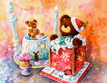 Peinture intitulée "Chocolate Bear Cake…" par Miki De Goodaboom, Œuvre d'art originale, Aquarelle