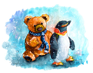 Malerei mit dem Titel "Bear And Penguin Fr…" von Miki De Goodaboom, Original-Kunstwerk, Aquarell