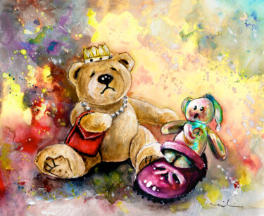 Painting titled "Teddy Bears In Helm…" by Miki De Goodaboom, Original Artwork, Watercolor