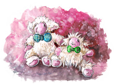 Malerei mit dem Titel "Two Sheep In A Chur…" von Miki De Goodaboom, Original-Kunstwerk, Aquarell