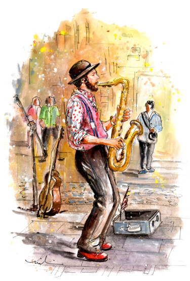 Malerei mit dem Titel "Street Musician In…" von Miki De Goodaboom, Original-Kunstwerk, Aquarell