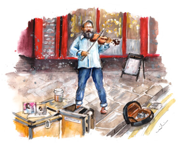 Painting titled "Street Violinist In…" by Miki De Goodaboom, Original Artwork, Watercolor