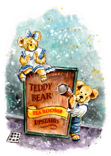 Painting titled "Teddy Bear Tearoom…" by Miki De Goodaboom, Original Artwork, Watercolor