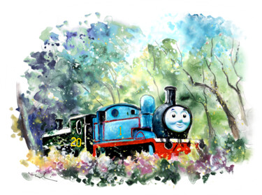 Painting titled "Thomas The Tank Eng…" by Miki De Goodaboom, Original Artwork, Watercolor