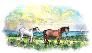 Malerei mit dem Titel "Horses On Lizard Pe…" von Miki De Goodaboom, Original-Kunstwerk, Aquarell