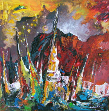 Painting titled "Boats in Calpe 01 S…" by Miki De Goodaboom, Original Artwork, Acrylic Mounted on Wood Stretcher frame
