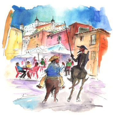 Painting titled "Don Quijote and San…" by Miki De Goodaboom, Original Artwork, Watercolor