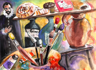 Painting titled "Still Life with El…" by Miki De Goodaboom, Original Artwork, Watercolor