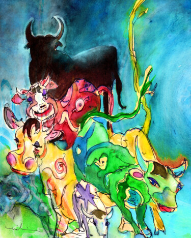 Pintura intitulada "Bulls From Toledo" por Miki De Goodaboom, Obras de arte originais, Aquarela