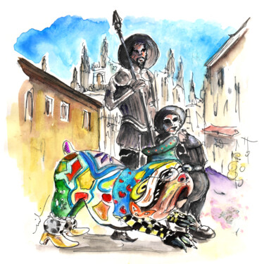 Malerei mit dem Titel "Don Quijotes New Pet" von Miki De Goodaboom, Original-Kunstwerk, Aquarell