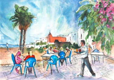 Schilderij getiteld "Beach Bar In San Jo…" door Miki De Goodaboom, Origineel Kunstwerk, Aquarel