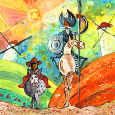 Painting titled "Don Quijote And San…" by Miki De Goodaboom, Original Artwork, Acrylic Mounted on Cardboard
