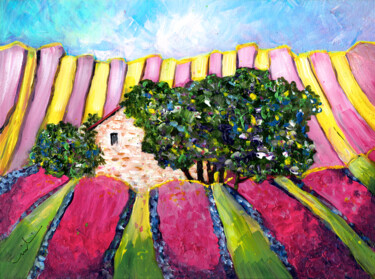 Malerei mit dem Titel "Lavender Field In T…" von Miki De Goodaboom, Original-Kunstwerk, Acryl Auf Karton montiert