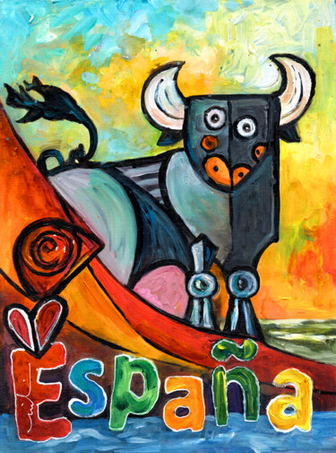 Картина под названием "A Bull In Spain" - Miki De Goodaboom, Подлинное произведение искусства, Акрил Установлен на картон