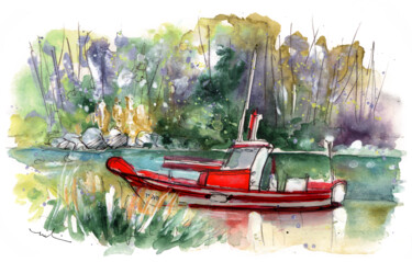 Painting titled "Boats In Ezaro In G…" by Miki De Goodaboom, Original Artwork, Watercolor