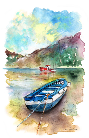 Peinture intitulée "Boats In Ezaro In G…" par Miki De Goodaboom, Œuvre d'art originale, Aquarelle