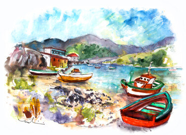 Painting titled "Boats In Ezaro In G…" by Miki De Goodaboom, Original Artwork, Watercolor