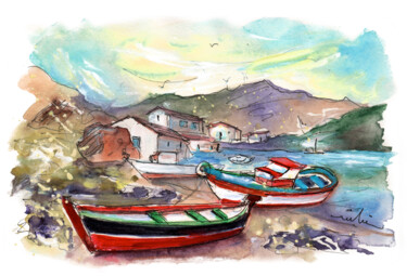 Malarstwo zatytułowany „Boats In Ezaro In G…” autorstwa Miki De Goodaboom, Oryginalna praca, Akwarela