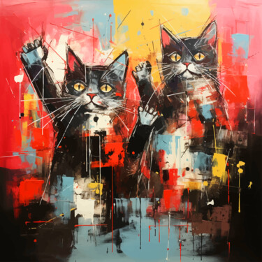 Digitale Kunst getiteld "Cats On The Rise 01" door Miki De Goodaboom, Origineel Kunstwerk, Digitaal Schilderwerk
