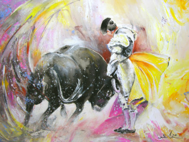 Painting titled "Bullfight 67" by Miki De Goodaboom, Original Artwork, Watercolor