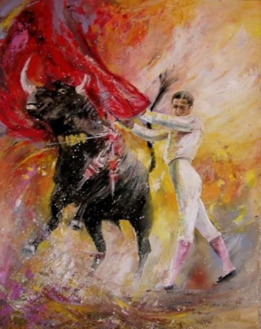 Painting titled "Bullfight 62" by Miki De Goodaboom, Original Artwork, Oil