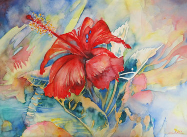 Peinture intitulée "Hibiscus" par Miki De Goodaboom, Œuvre d'art originale, Aquarelle