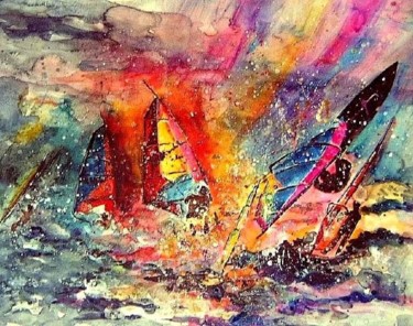 Pintura intitulada "Rainbow Windsurf" por Miki De Goodaboom, Obras de arte originais, Óleo