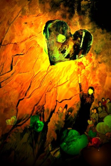 Peinture intitulée "Green Hearts Rain" par Miki De Goodaboom, Œuvre d'art originale, Huile