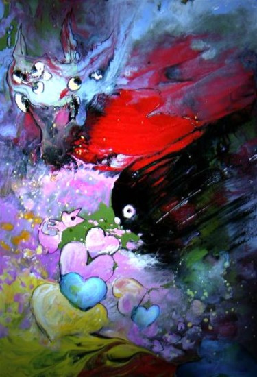 Schilderij getiteld "Black Fish" door Miki De Goodaboom, Origineel Kunstwerk, Olie