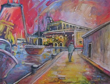 Malerei mit dem Titel "Harbour by Night" von Miki De Goodaboom, Original-Kunstwerk, Öl