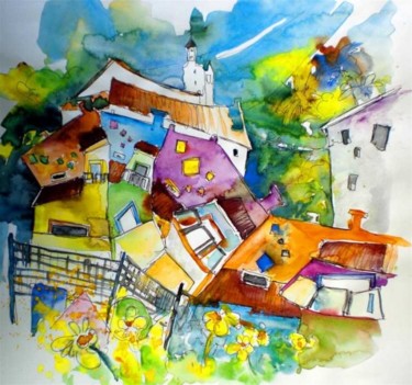 Malerei mit dem Titel "Rainbow Houses in V…" von Miki De Goodaboom, Original-Kunstwerk, Öl