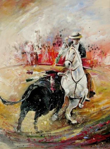 Painting titled "Bullfight 03" by Miki De Goodaboom, Original Artwork, Oil
