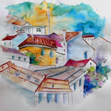 Peinture intitulée "Houses in Palmela" par Miki De Goodaboom, Œuvre d'art originale, Huile