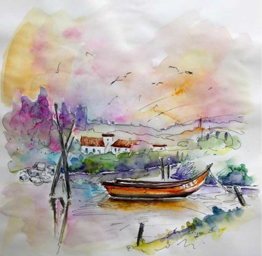 Painting titled "Boat somewhere..." by Miki De Goodaboom, Original Artwork, Oil