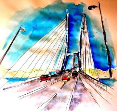 Malerei mit dem Titel "Bridge Vasco de Gam…" von Miki De Goodaboom, Original-Kunstwerk, Öl