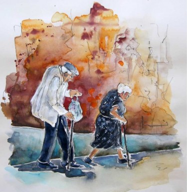 Painting titled "Old couple in Lisbon" by Miki De Goodaboom, Original Artwork, Watercolor