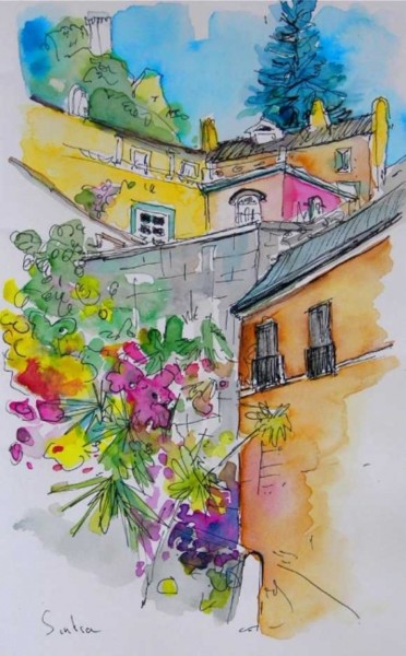 Painting titled "House in Sintra" by Miki De Goodaboom, Original Artwork, Oil