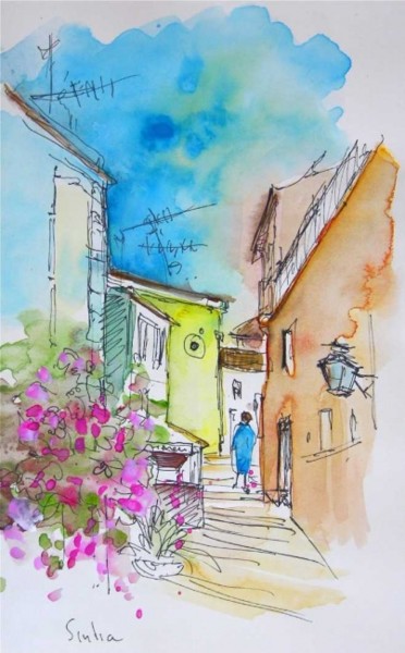 Peinture intitulée "Street in Sintra" par Miki De Goodaboom, Œuvre d'art originale, Huile